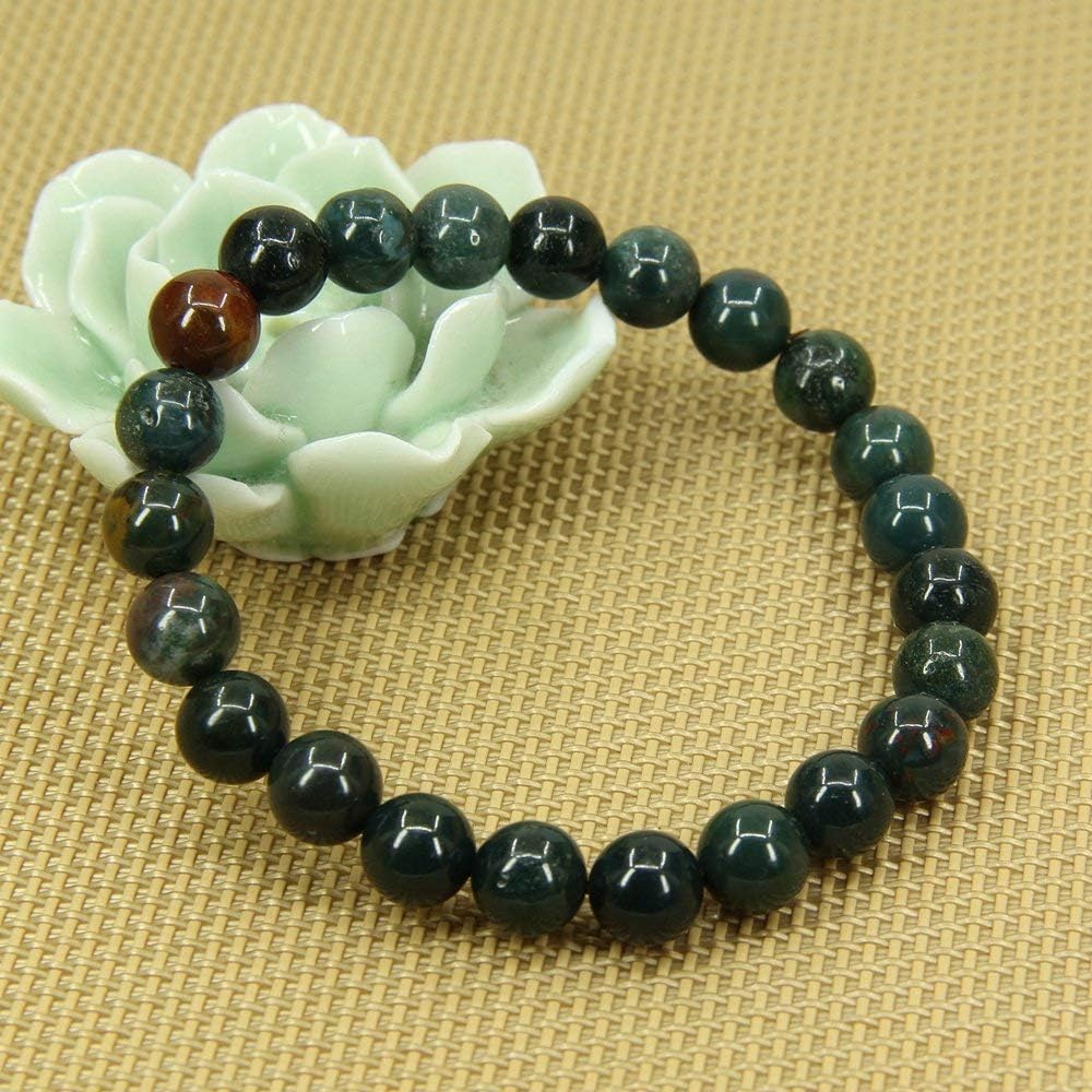 Natural Green Bloodstone Heliotrope Gemstone 8mm Round Beads Stretch Bracelet 7inch Unisex