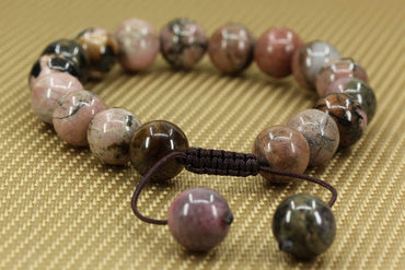 Angelstones Handmade Gemstone 10mm Matrix Rhodonite Round Beads Adjustable Braided Macrame Tassels Chakra Reiki Bracelets 7-9 inch Unisex