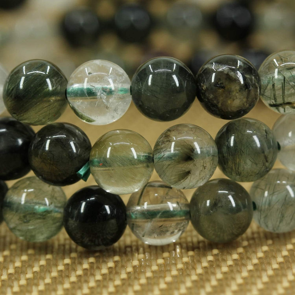 Natural Green Rutilated Quartz Gemstone 6mm Round Beads Stretch Bracelet 7inch Unisex