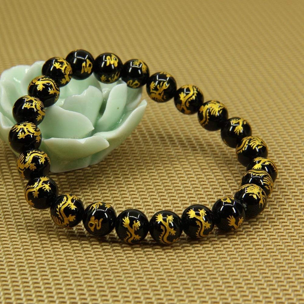 Angelstones Natural Gold Dragon Black Agate 8mm Round Beads Stretch Bracelet 7inch Unisex