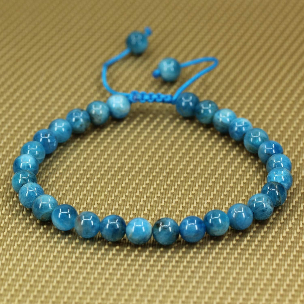 Natural Blue Apatite Gemstone 6mm Round Beads Adjustable Bracelet 7inch Unisex