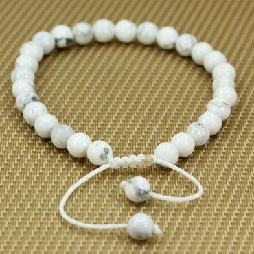 Angelstones Handmade Gemstone 6mm White Howlite Round Beads Adjustable Braided Macrame Tassels Chakra Reiki Bracelets 7-9 inch Unisex