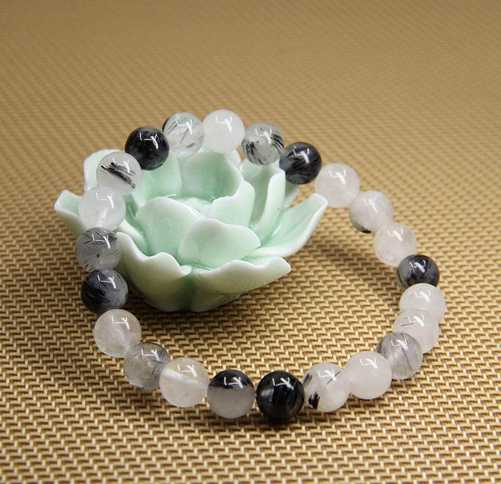 Natural A Grade Black Rutilated Quartz Crystal Gemstone 8mm Round Beads Stretch Bracelet 7inch Unisex