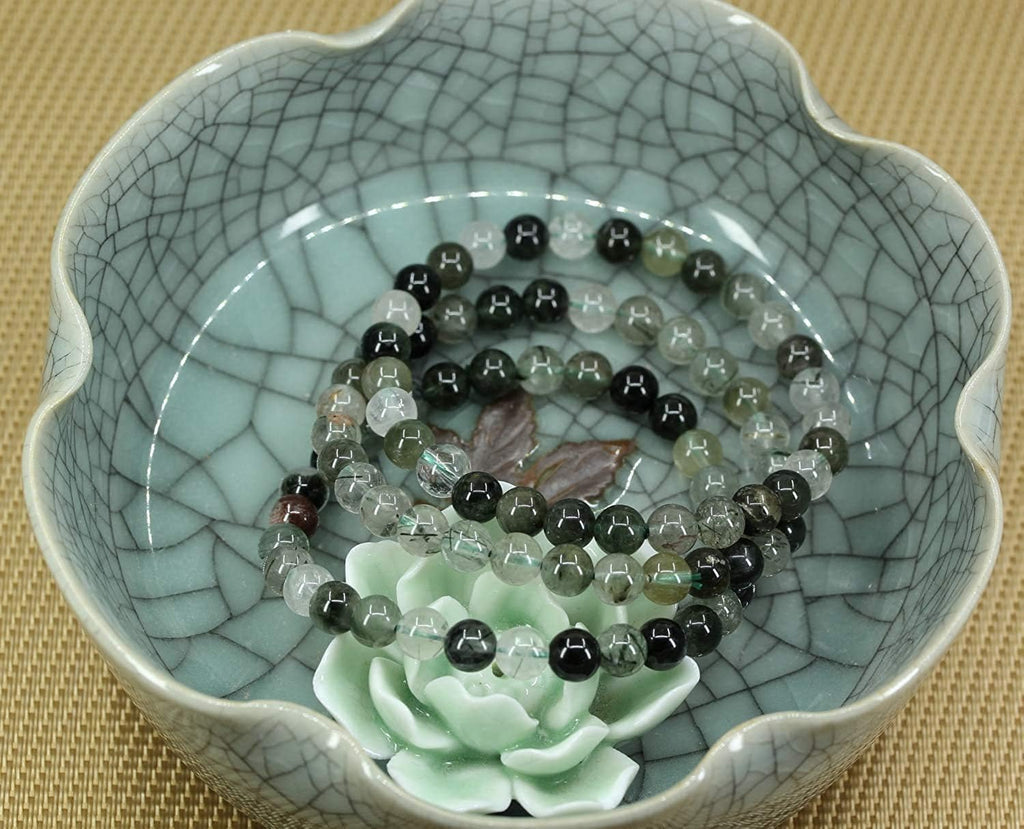 Natural Green Rutilated Quartz Gemstone 6mm Round Beads Stretch Bracelet 7inch Unisex
