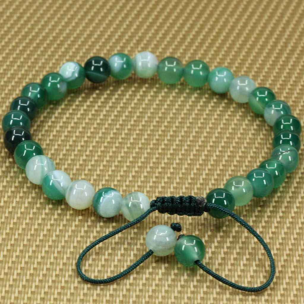 Angelstones Handmade Gemstone 6mm Green Banded Agate Round Beads Adjustable Braided Macrame Tassels Chakra Reiki Bracelets 7-9 inch Unisex