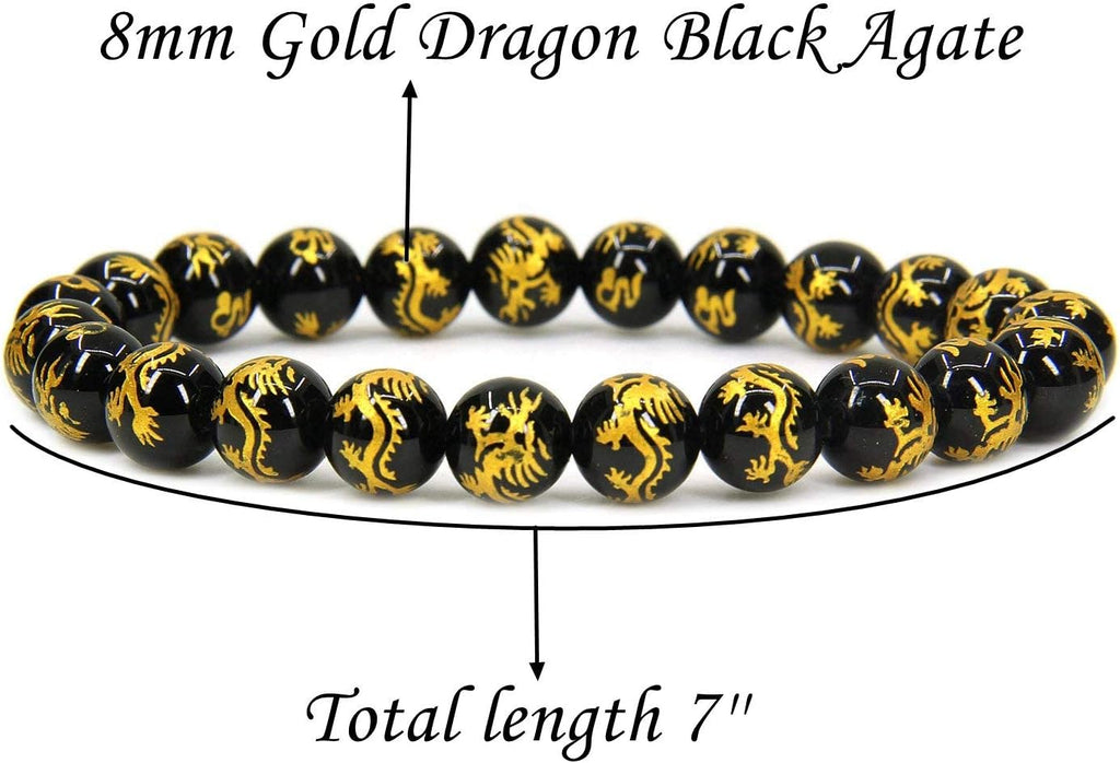 Angelstones Natural Gold Dragon Black Agate 8mm Round Beads Stretch Bracelet 7inch Unisex