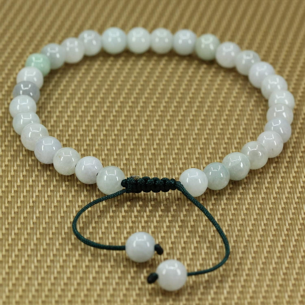 Angelstones Handmade Gemstone 6mm Green-White Jade Jadeite Round Beads Adjustable Braided Macrame Tassels Chakra Reiki Bracelets 7-9 inch Unisex