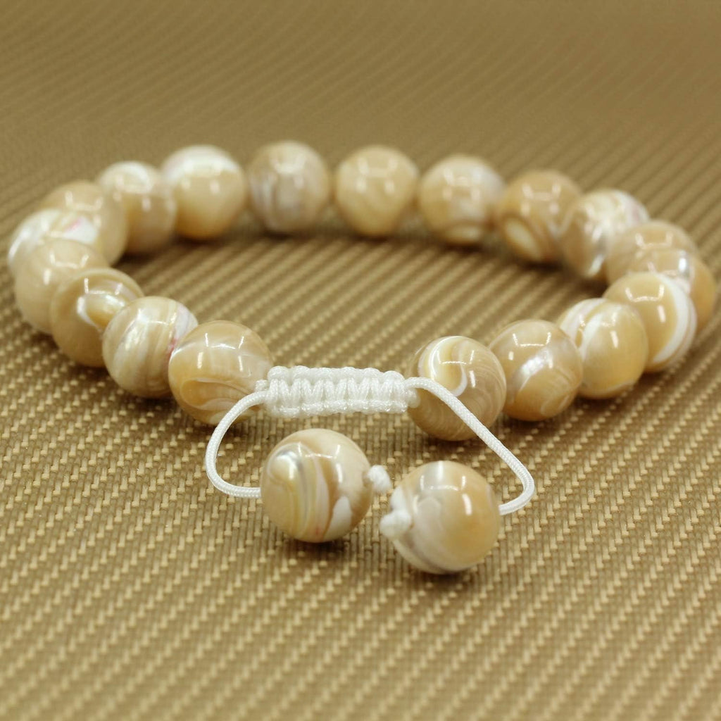 Angelstones Handmade Gemstone 10mm Khaki Mother of Pearl Round Beads Adjustable Braided Macrame Tassels Chakra Reiki Bracelets 7-9 inch Unisex