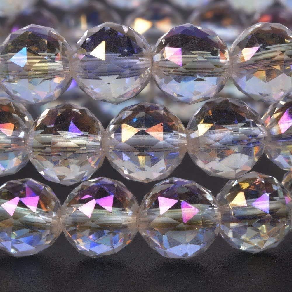 Aqua Aura Faceted Natural Clear Quartz Gemstone 8mm Round Beads Stretch Bracelet 7inch