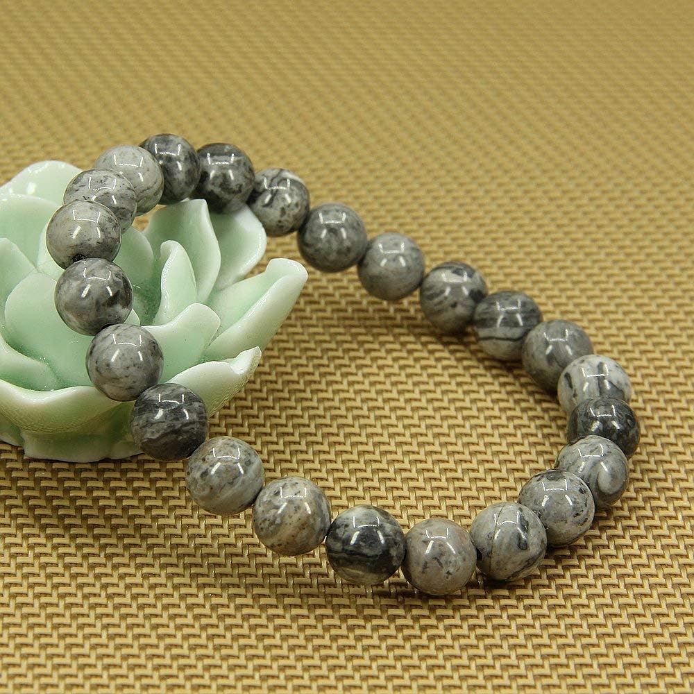 Natural Gray Picture Jasper Gemstone 8mm Ball Beads Stretch Bracelet 7inch Unisex