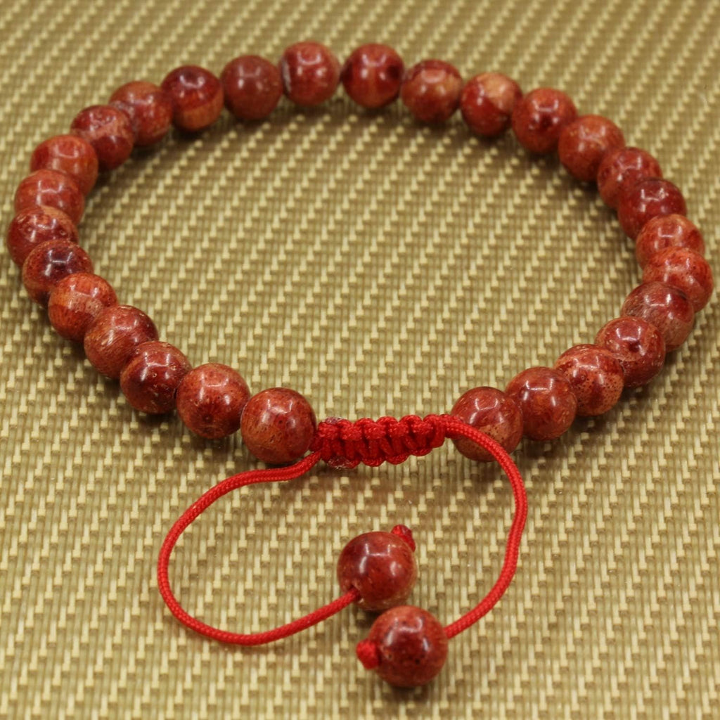Angelstones Handmade Gemstone 6mm Red Coral Round Beads Adjustable Braided Macrame Tassels Chakra Reiki Bracelets 7-9 inch Unisex
