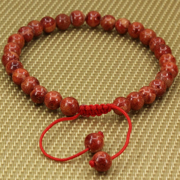Angelstones Handmade Gemstone 6mm Red Coral Round Beads Adjustable Braided Macrame Tassels Chakra Reiki Bracelets 7-9 inch Unisex