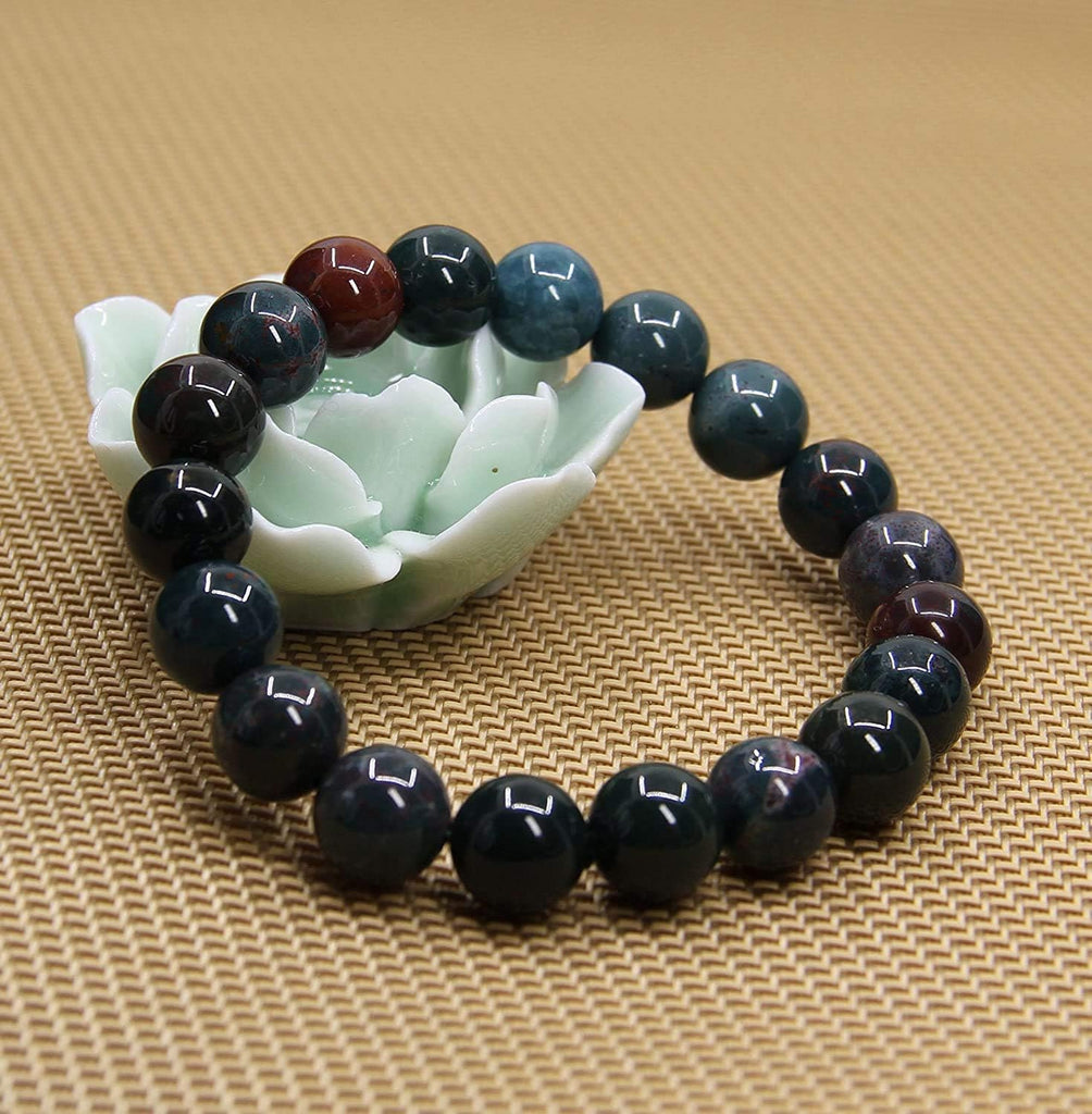 Angelstones Natural Green Bloodstone Heliotrope Genuine Semi-Precious Gemstones Healing 10mm Beaded Stretch Bracelet 7inch Unisex