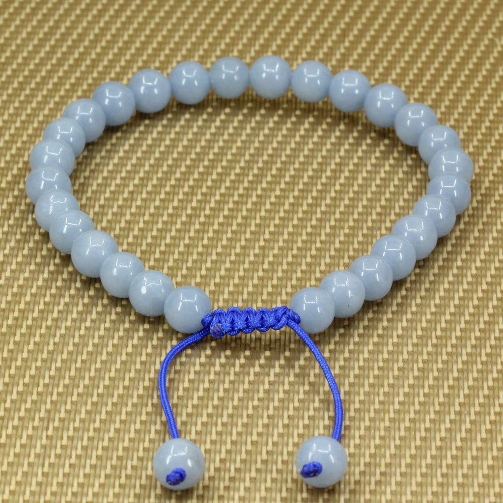 Angelstones Handmade Gemstone 6mm Blue Angelite Round Beads Adjustable Braided Macrame Tassels Chakra Reiki Bracelets 7-9 inch Unisex