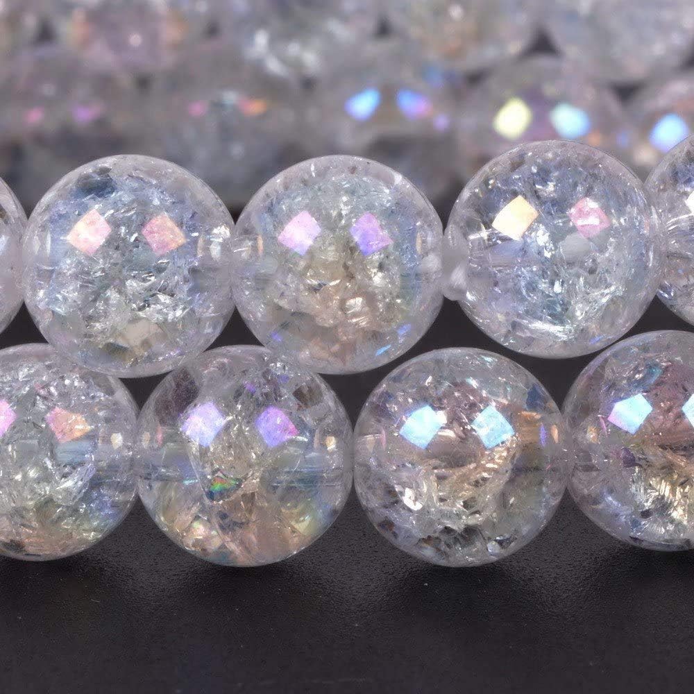 Aqua Aura Crackle Natural Clear Quartz Gemstone 8mm Round Beads Stretch Bracelet 7inch