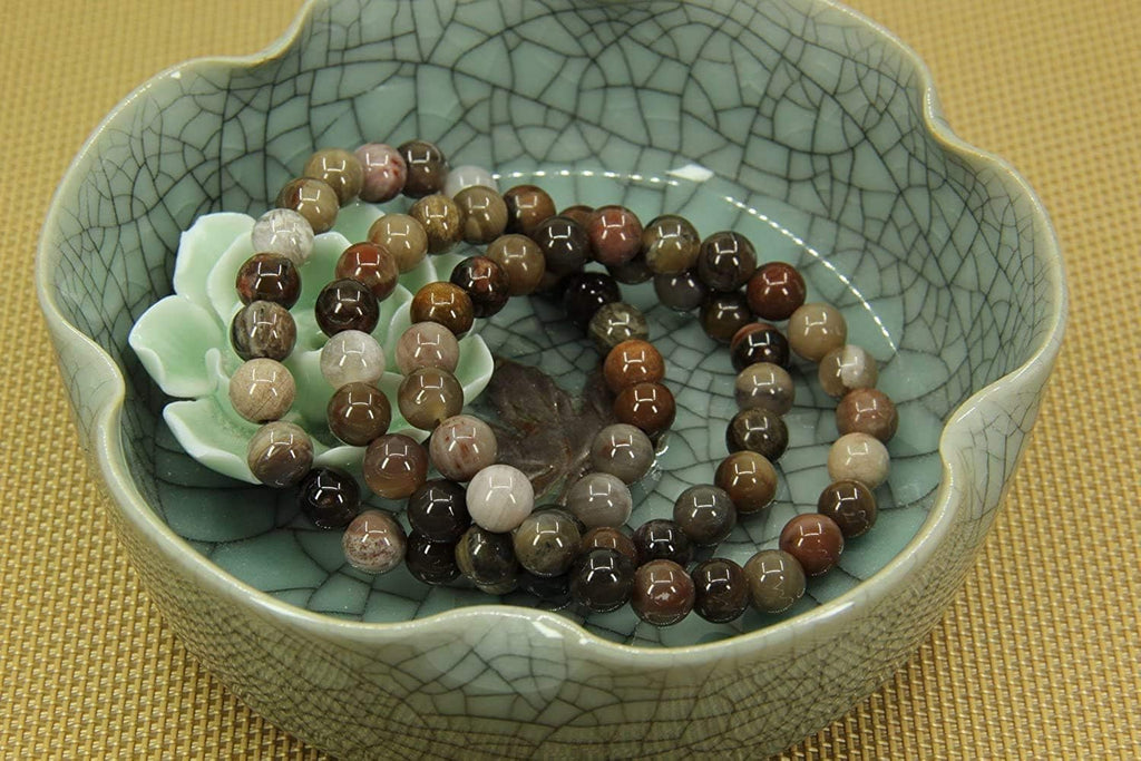 Angelstones Natural Petrified Wood Fossil Gemstone 8mm Round Beads Stretch Bracelet 7inch Unisex