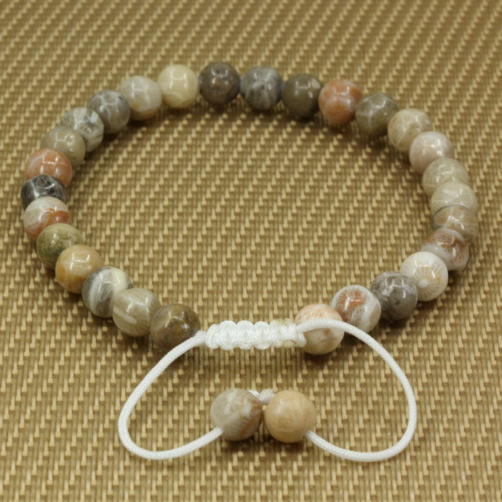 Angelstones Handmade Gemstone 6mm Coral Fossil Round Beads Adjustable Braided Macrame Tassels Chakra Reiki Bracelets 7-9 inch Unisex