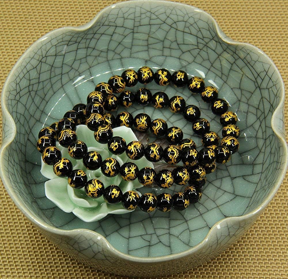 Angelstones Natural Gold Dragon Black Agate 8mm Round Beads Stretch Bracelet 7inch Unisex