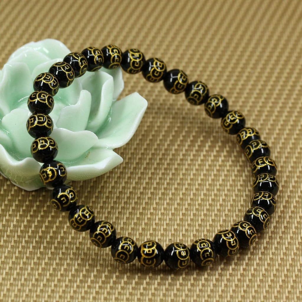 Natural Copper Coins Black Agate Gemstone 6mm Round Beads Stretch Bracelet 7inch Unisex