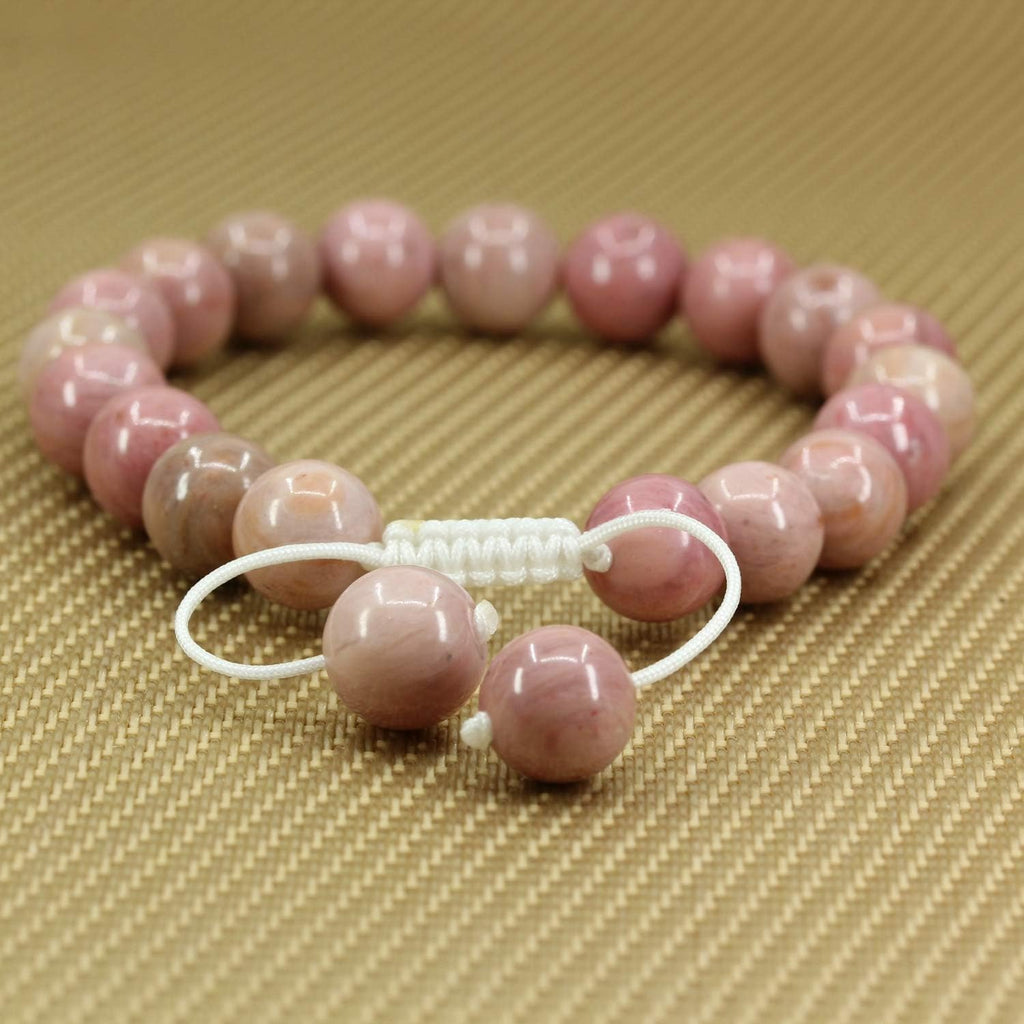 Angelstones Handmade Gemstone 10mm Pink Rhodonite Round Beads Adjustable Braided Macrame Tassels Chakra Reiki Bracelets 7-9 inch Unisex