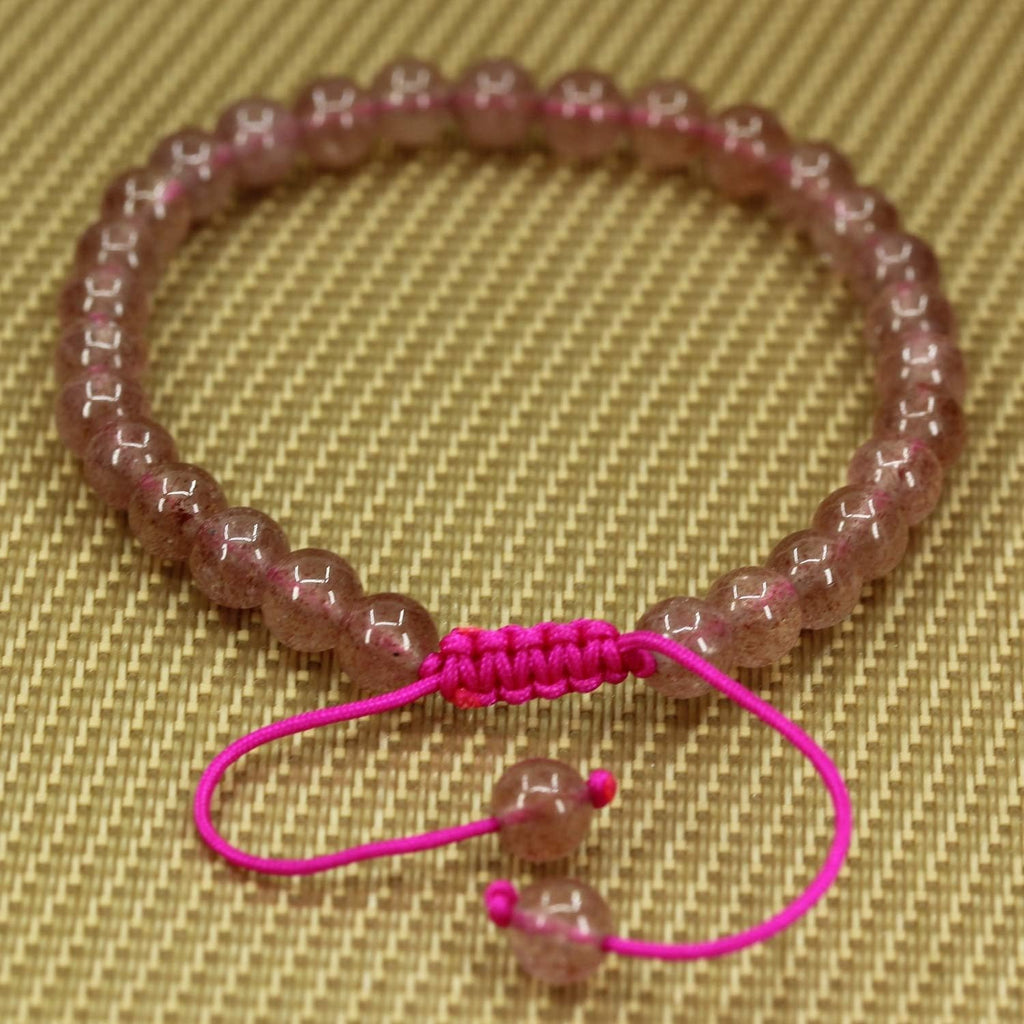 Angelstones Handmade Gemstone 6mm A Grade Strawberry Quartz Round Beads Adjustable Braided Macrame Tassels Chakra Reiki Bracelets 7-9 inch Unisex