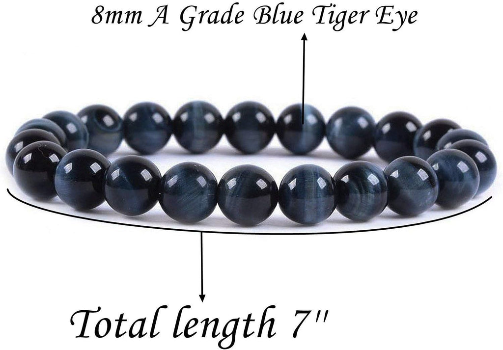 Natural A Grade Blue Tiger Eye Gemstone 8mm Round Beads Stretch Bracelet 7inch Unisex