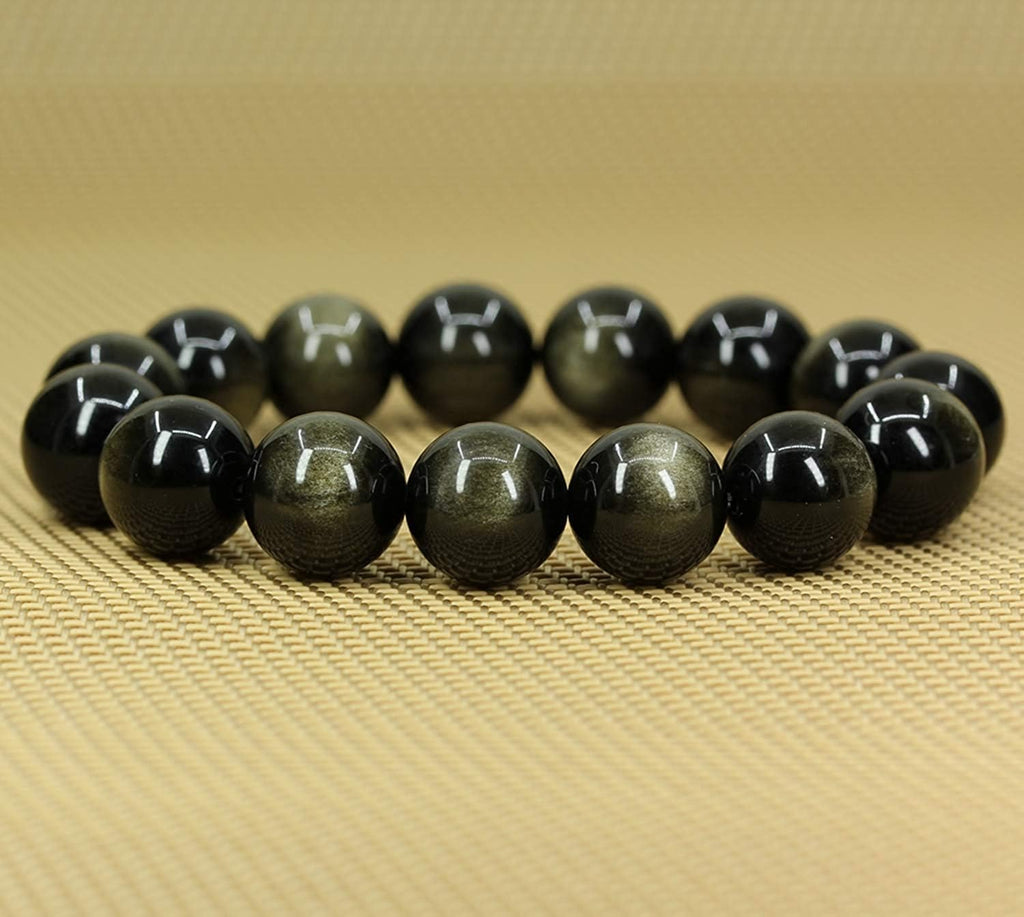 Angelstones Natural A Golden Obsidian Genuine Semi-Precious Gemstones Healing Power Elastic Stretch 14mm Beads Beaded Bracelet 7inch Mens