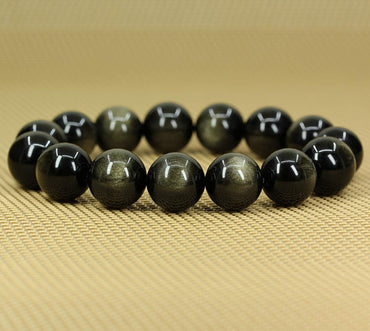 Angelstones Natural A Golden Obsidian Genuine Semi-Precious Gemstones Healing Power Elastic Stretch 14mm Beads Beaded Bracelet 7inch Mens