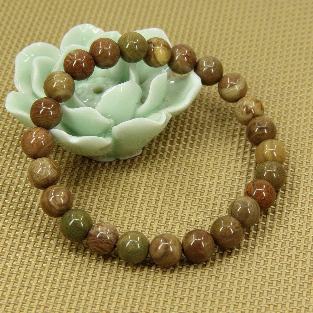 Natural Wood Veins Stone Gemstone 8mm Round Beads Stretch Bracelet 7inch Unisex