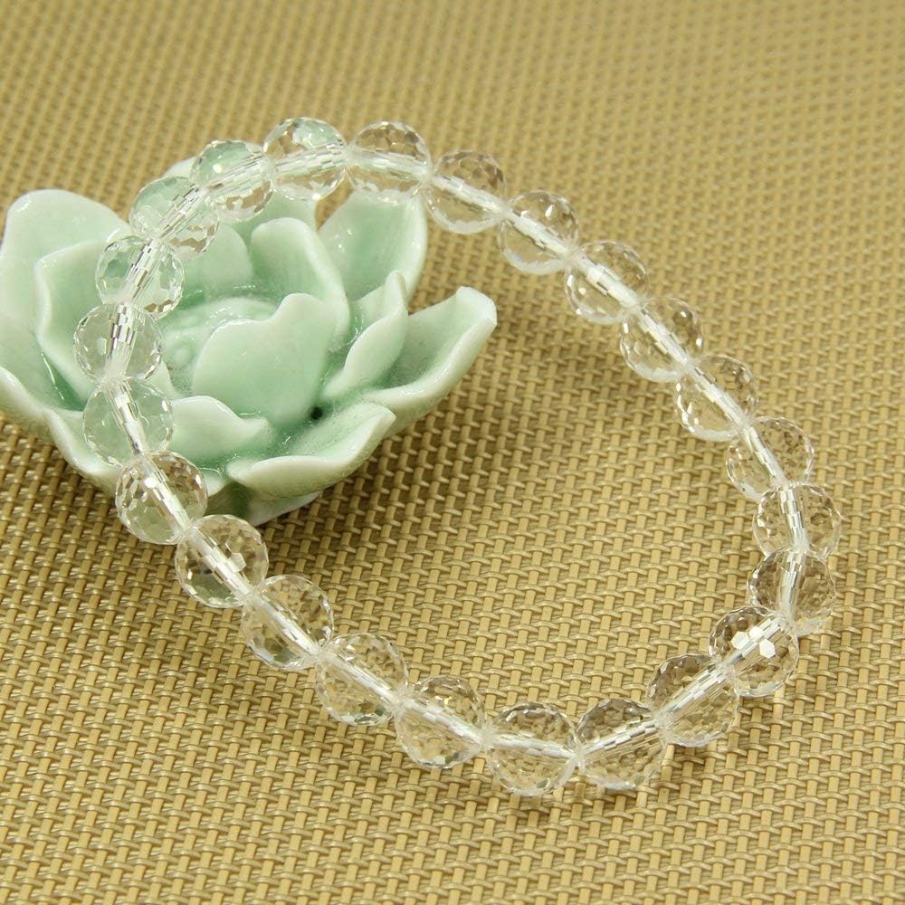 Natural Faceted Clear Quartz Gemstone 8mm Round Beads Stretch Bracelet 7inch Unisex