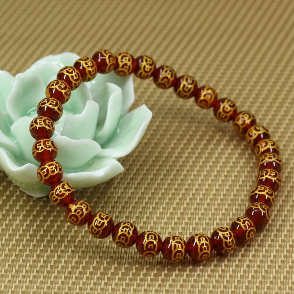 Natural Copper Coins Red Agate Gemstone 6mm Round Beads Stretch Bracelet 7inch Unisex
