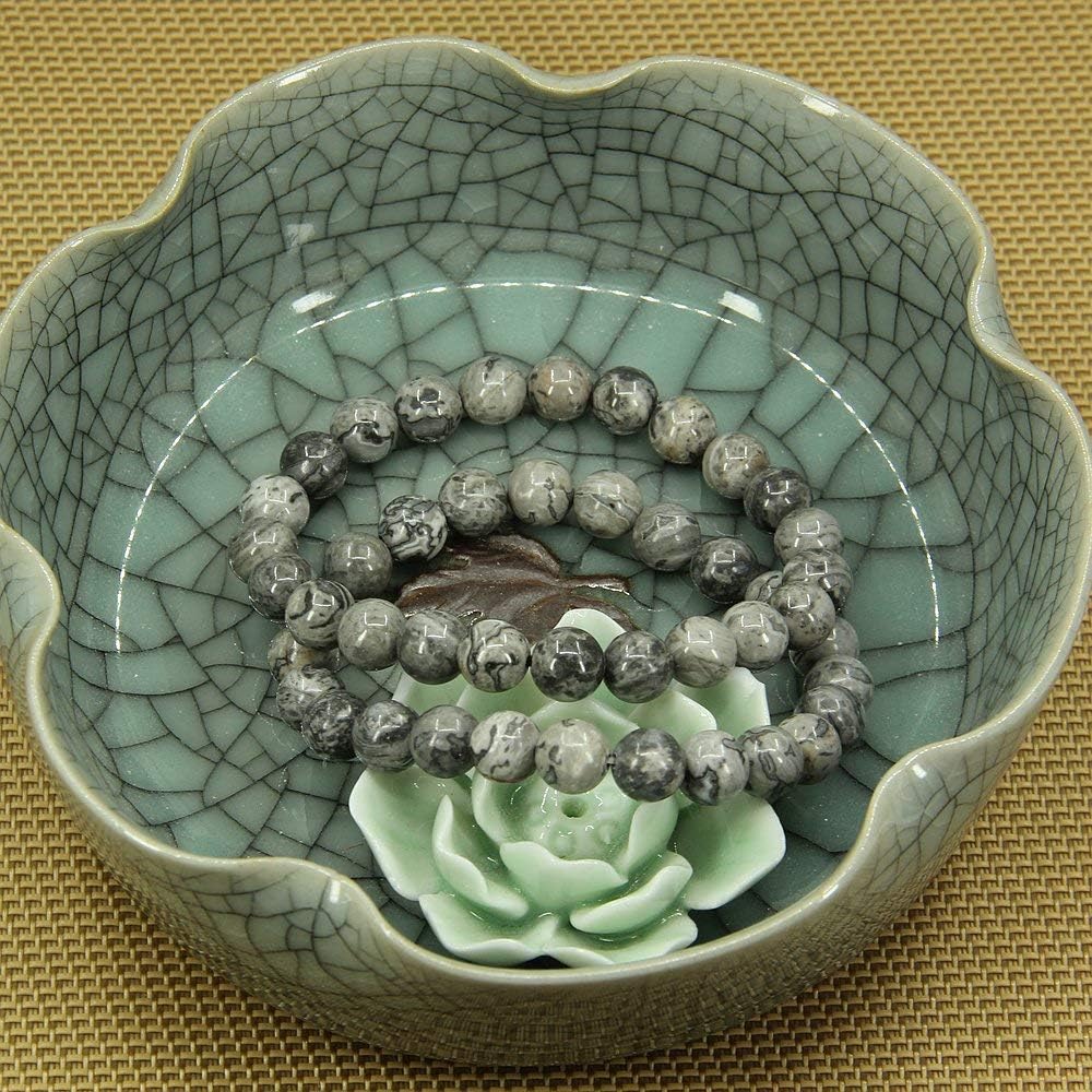 Natural Gray Picture Jasper Gemstone 8mm Ball Beads Stretch Bracelet 7inch Unisex