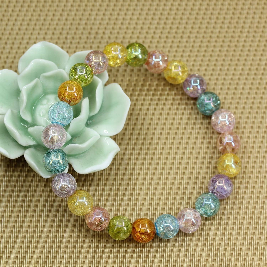 Natural Aqua Aura Multicolor Crackle Quartz Gemstone 8mm Round Beads Stretch Bracelet 7inch Unisex