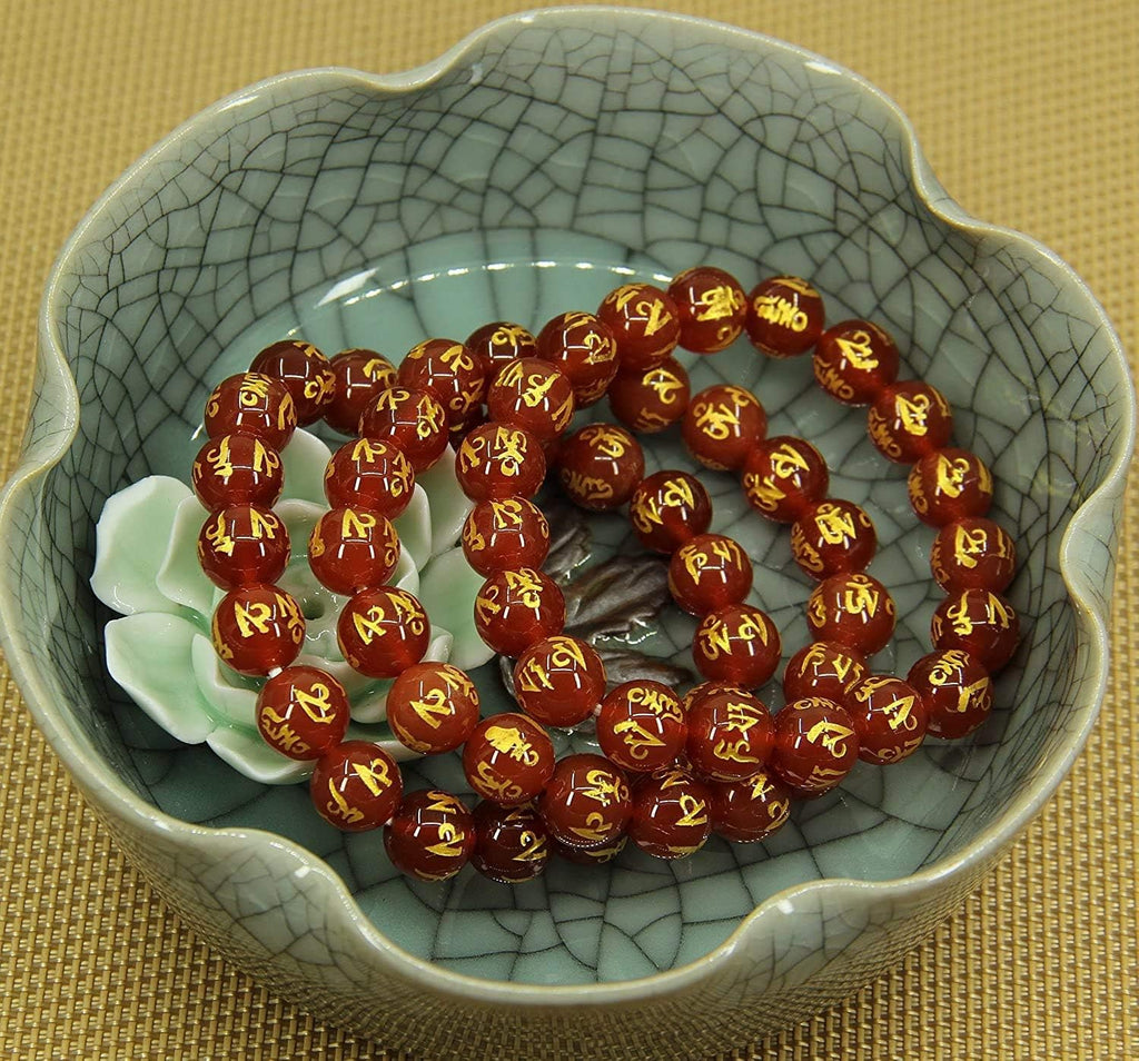 Natural Six Word Red Agate Genuine Semi Precious Gemstones Healing 10mm Beaded Stretch Bracelet 7inch Unisex