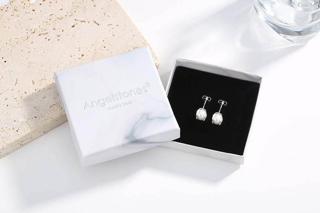 Angelstones 18K Gold Plated Sterling Silver Stud Earrings, Pearl Earrings for Women