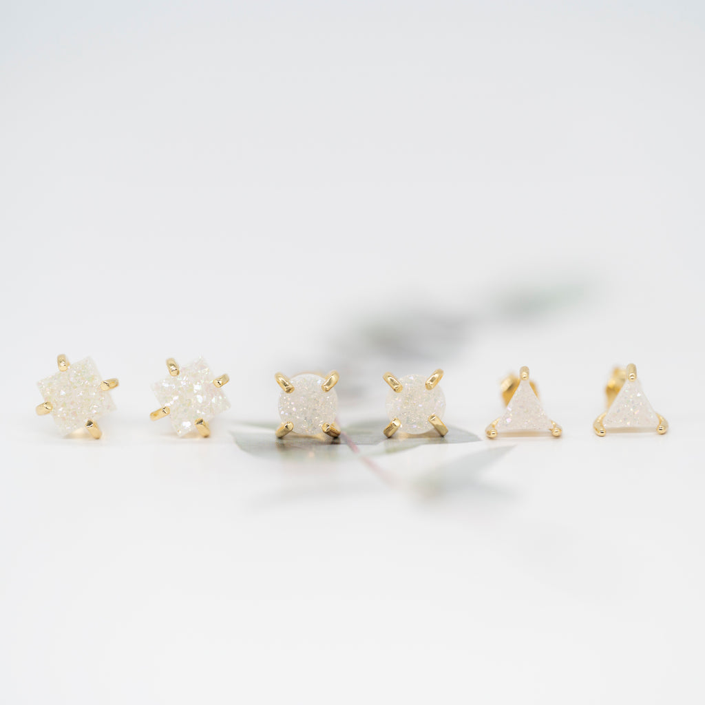 18K Gold Plated Stud Earrings For Women, Handmade 925 Sterling Silver Stud Earrings, Small Druzy Lightweight Hypoallergenic Crystal Earrings