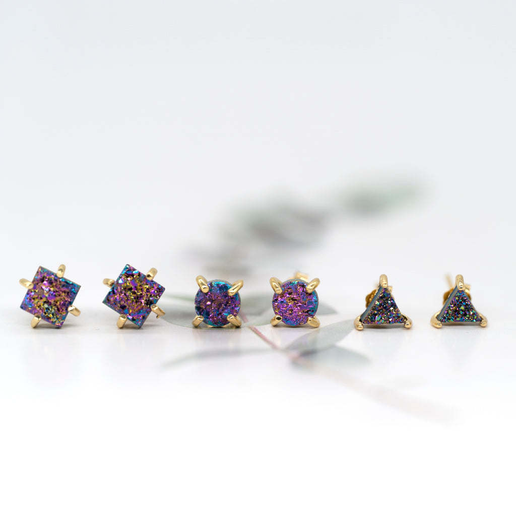 18K Gold Plated Stud Earrings For Women, Handmade 925 Sterling Silver Stud Earrings, Small Druzy Lightweight Hypoallergenic Crystal Earrings