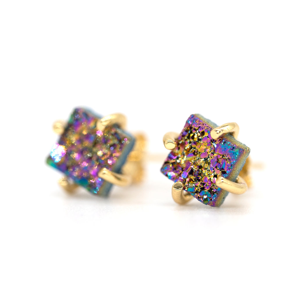 18K Gold Plated Stud Earrings For Women, Handmade 925 Sterling Silver Stud Earrings, Small Druzy Lightweight Hypoallergenic Crystal Earrings