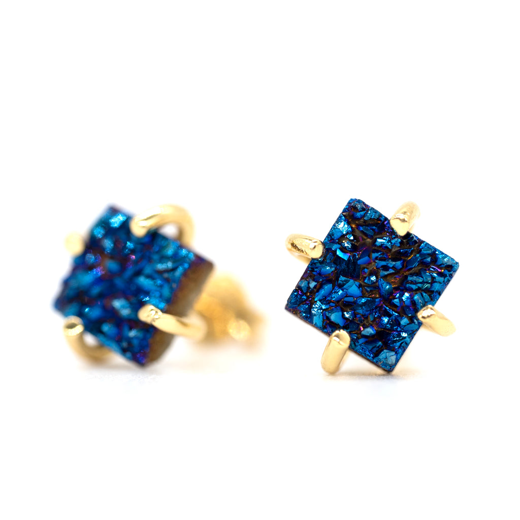 18K Gold Plated Stud Earrings For Women, Handmade 925 Sterling Silver Stud Earrings, Small Druzy Lightweight Hypoallergenic Crystal Earrings