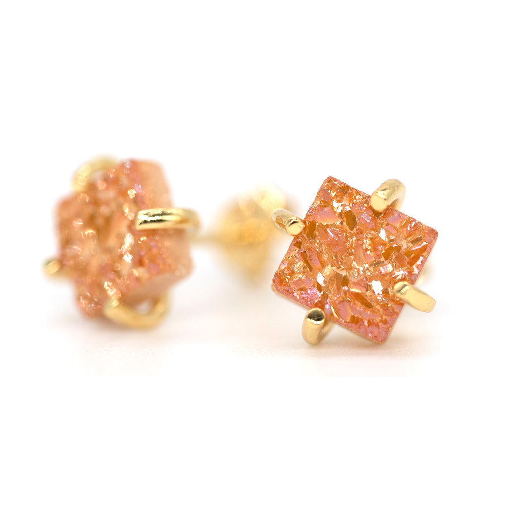 18K Gold Plated Stud Earrings For Women, Handmade 925 Sterling Silver Stud Earrings, Small Druzy Lightweight Hypoallergenic Crystal Earrings