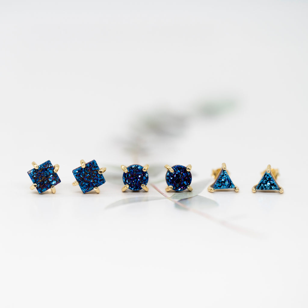 18K Gold Plated Stud Earrings For Women, Handmade 925 Sterling Silver Stud Earrings, Small Druzy Lightweight Hypoallergenic Crystal Earrings