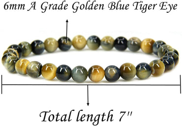 Natural Golden Blue Tiger Eye Gemstone 6mm Round Beads Stretch Bracelet 7" Unisex