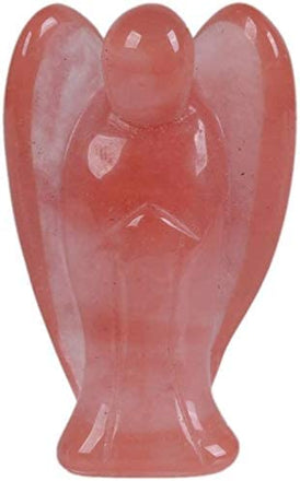 Carved Smelted Cherry Quartz Gemstone Peace Angel Pocket Guardian Angel Healing Statue 2 inch