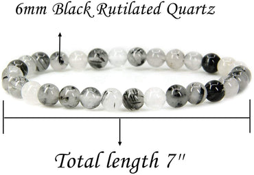 Natural Black Rutilated Quartz Gemstone 6mm Round Beads Stretch Bracelet 7" Unisex