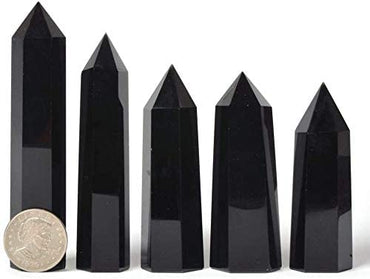 Natural Black Obsidian Gemstone Healing Crystal Hexagonal Pointed Reiki Chakra Faceted Prism Wand Carved Stone Figurine Home Decor